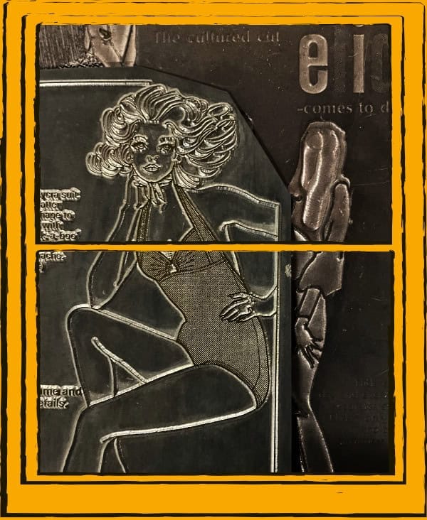 an old metal newspaper advert showing a woman in a swimming costume behind an orange window frame