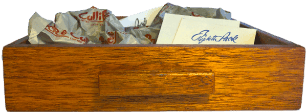 Drawer with Elizabeth Pack wrapping paper and business cards